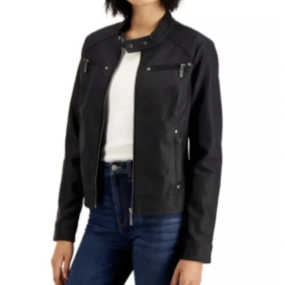 Faux-Leather Black Moto Jacket Size Large - Picture 2 of 9